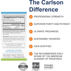 Carlson - Baby's Super Daily D3, Baby Vitamin D Drops, 400 IU (10 mcg) per Drop, 1-Year Supply, Vegetarian, Liquid Vitamin D Drops for Infants and Toddlers, Unflavored, 365 Drops