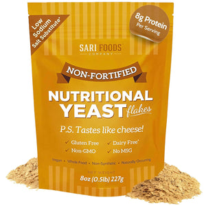Sari Foods Non-Fortified Nutritional Yeast Flakes - 8oz - Superfood, Protein. Gluten Free & Dairy Free Vegan Cheese Parmesan Substitute, Vitamins B, Beta-glucans & 18 Amino Acids