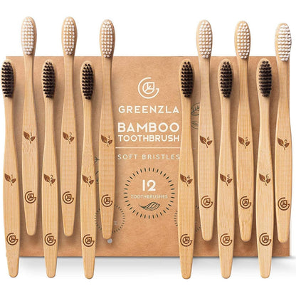 Greenzla Bamboo Toothbrushes for Adults – 12 Pack Wooden Toothbrush Set with Charcoal-Infused Soft Bristles, Natural Oral Care for Daily Use