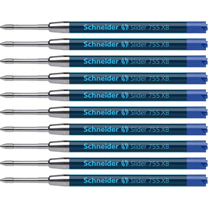 Schneider Slider 755 XB (Extra Broad) Ballpoint Pen Refill, 1.4 mm, ISO Format G2, Blue Ink, Box of 10 Refills (175503)