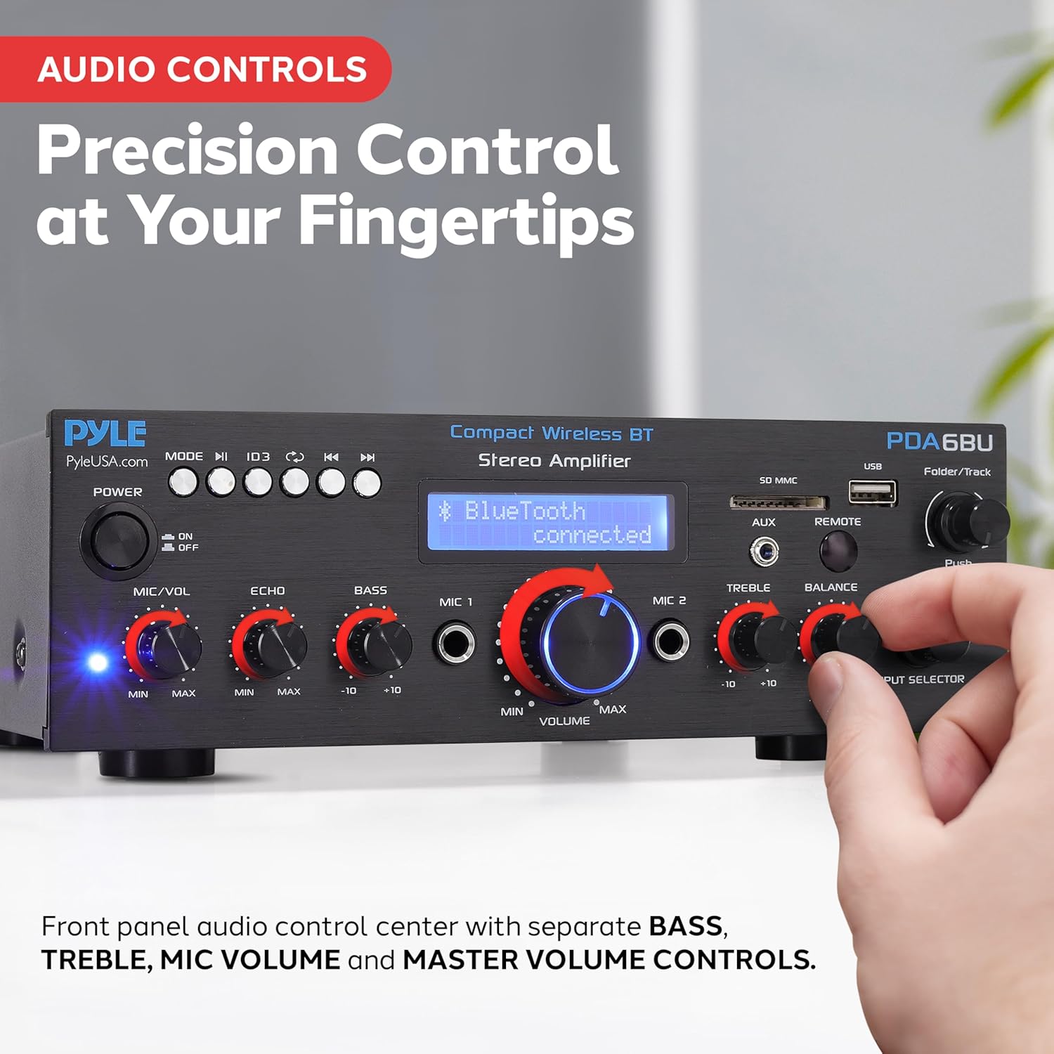 Buy now Pyle Wireless Bluetooth Power Amplifier System - 200W Dual Channel Sound Audio Stereo Receiver w/ USB, SD, AUX, MIC IN w/ Echo, Radio, LCD - For Home Theater Entertainment via RCA, Studio Use - PDA6BU at indiglob india