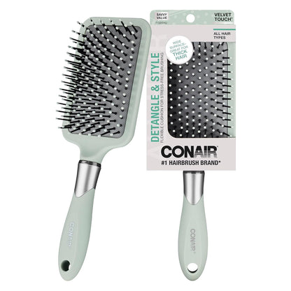 Conair Velvet Touch Paddle Cushion hair brush - Detangling hairbrush - curly or straight styles - men or women - detangler - features soft touch handle - Sage Green