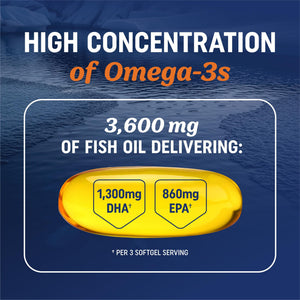 Buy now Triple Strength Omega 3 Fish Oil 3600 mg | EPA & DHA | Over 2100mg Omega-3 Fatty Acids | 1300mg EPA + 860mg DHA | Best Essential Fatty Acids | Premium Wild Caught & Burpless Fish Oil | 180 Ct at indiglob india