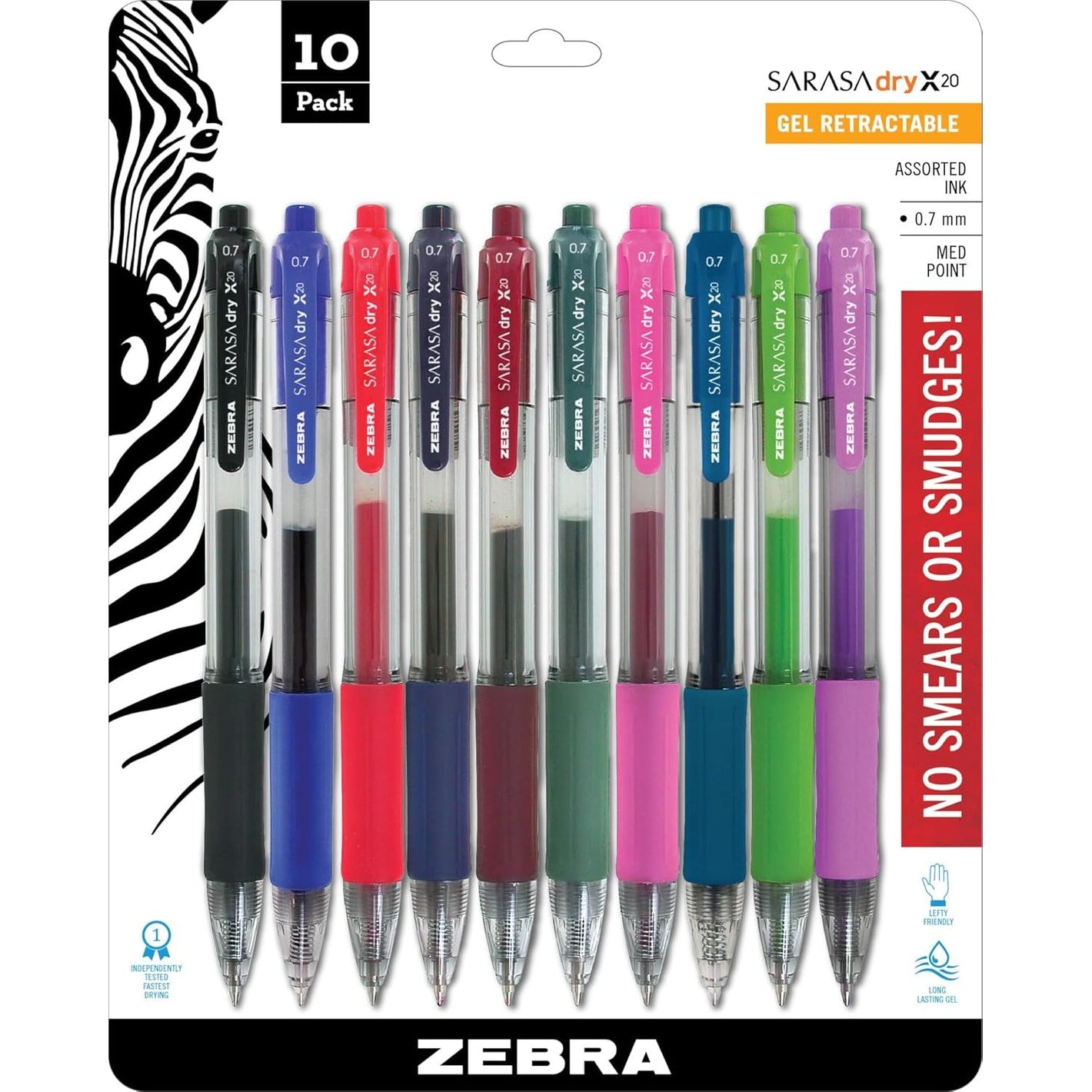 Zebra Pen Sarasa Dry X20 Retractable Gel Pens, 0.7mm Medium Point, Assorted Ink Colors with Rapid Dry Ink Technology, Ideal for Office Supplies and School Supplies, 10-Pack (46881)