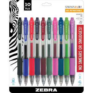 Zebra Pen Sarasa Dry X20 Retractable Gel Pens, 0.7mm Medium Point, Assorted Ink Colors with Rapid Dry Ink Technology, Ideal for Office Supplies and School Supplies, 10-Pack (46881)
