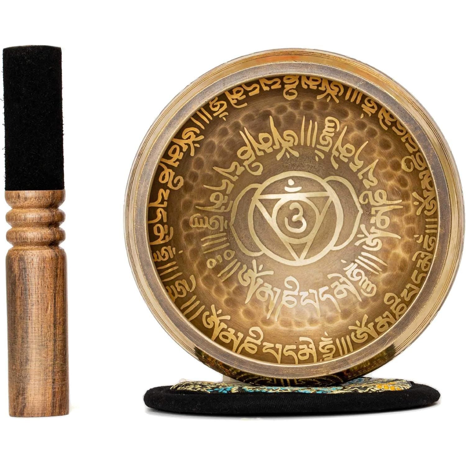 Buy now Tibetan Singing Bowl Set 4.2 inch with Holy Buddhist Mantra and Sacred Third Eye Symbol from Nepal~ Antique design suitable for Yoga, Meditation, Sound Healing & Chakra Balancing~ (4.2 Third EYE) at indiglob india