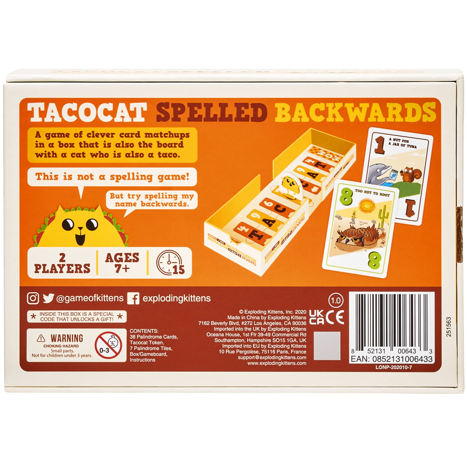 Buy now Exploding Kittens Tacocat Spelled Backwards 2 Players - Ages 7+ - 15 Minutes to Play - Clever Family Board Game - Couples Game, Family Game Night, Kid and Adult Board Game at indiglob india