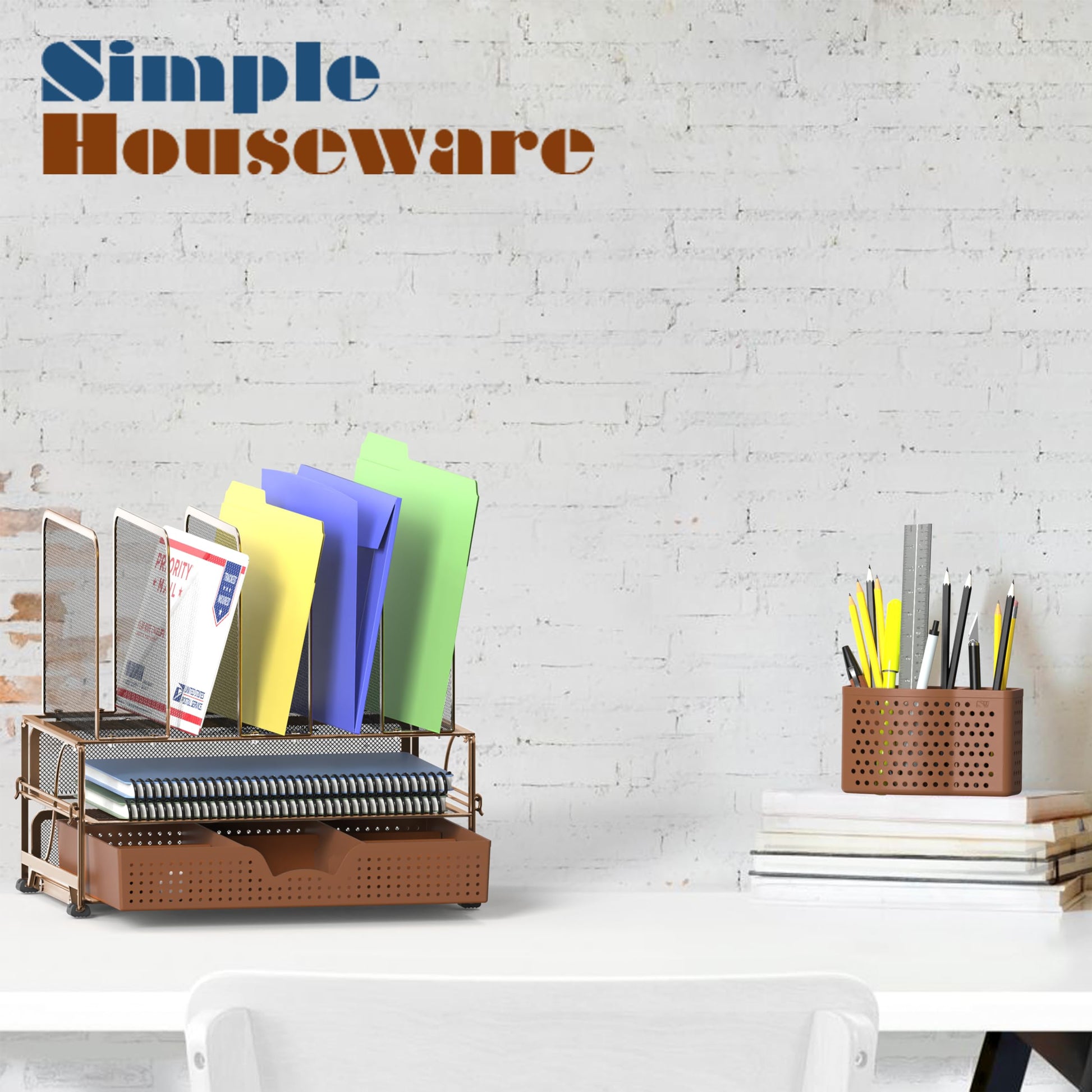 Buy now Simple Houseware Mesh Desk Organizer with Sliding Drawer, Double Tray and 5 Upright Sections, Copper at indiglob india