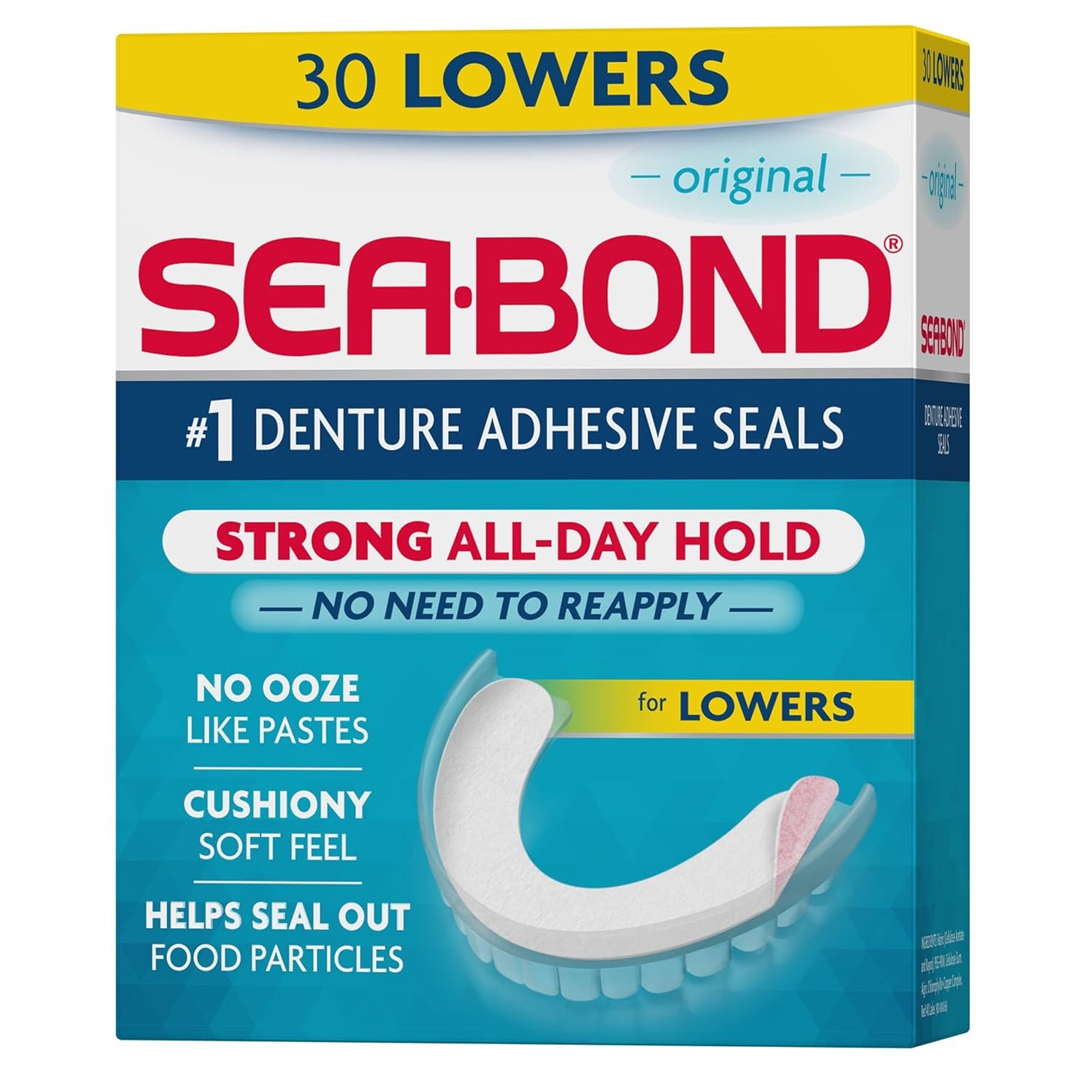 Sea Bond Secure Denture Adhesive Seals, Original Lowers, Zinc-Free, All-Day-Hold, Mess-Free, 30 Count (Pack of 1)