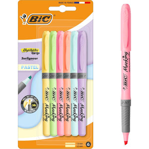BIC Highlighter Grip Pastel, Highlighter Pens with Adjustable Chisel Tip, Rubber Grip for Extra Comfort, Assorted Colours, Pack of 6