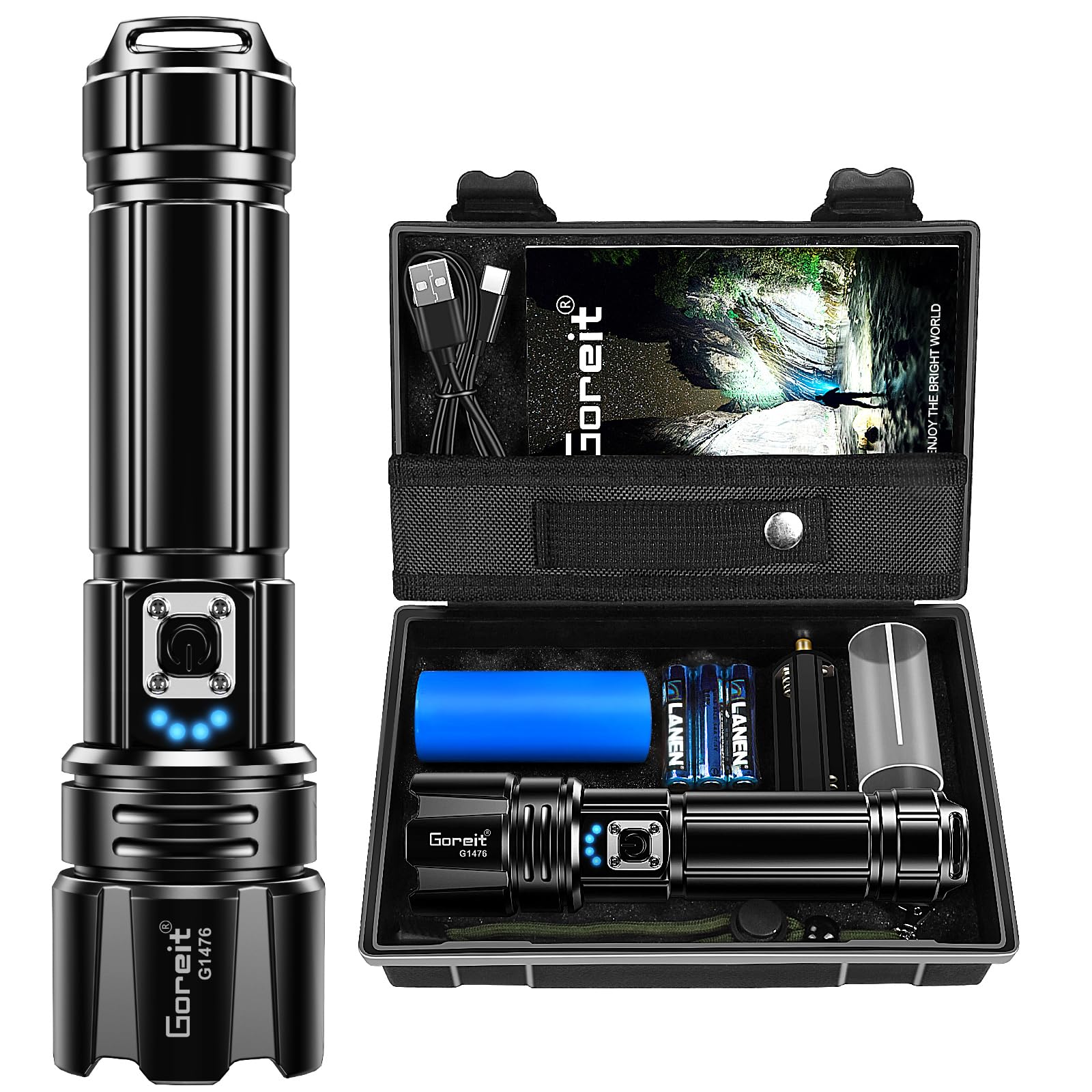 Buy now Goreit Super Bright LED Flashlight - 30W Output for 20000 Lumens & 3937ft Beam, USB-C Rechargeable with 12H Runtime, IP67 Waterproof Powerful Handheld Linternas for Home, Camping, Hiking, Emergency at indiglob india