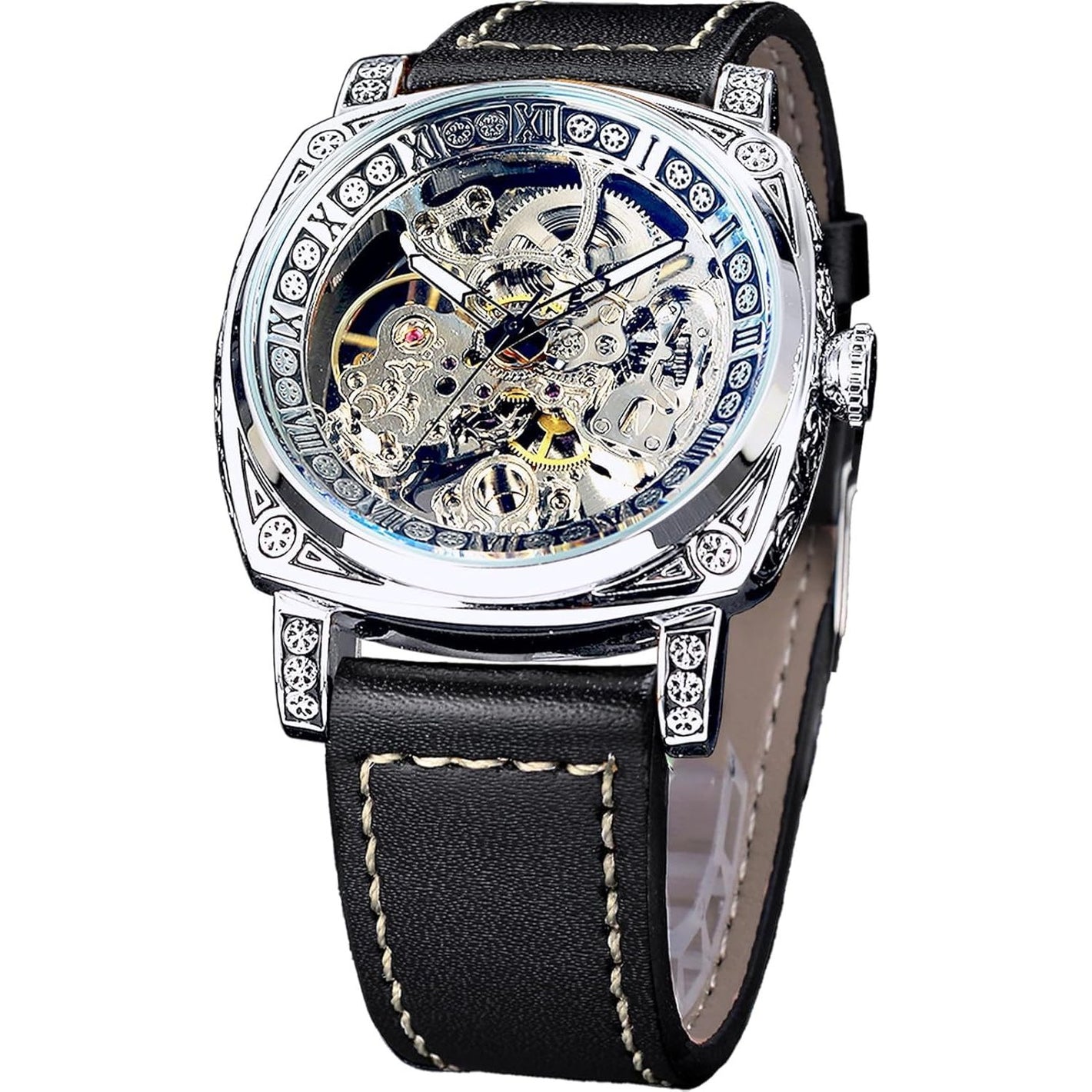 FORSINING Square Luxury Retro Mechanical Watch for Men, Gorgeous Hollow Skeleton Self-Wind Carved Automatic Watches Vintage Leather Strap Wristwatch Silver Dail Black Strap