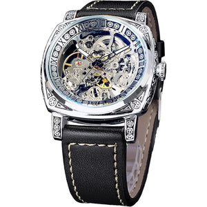 FORSINING Square Luxury Retro Mechanical Watch for Men, Gorgeous Hollow Skeleton Self-Wind Carved Automatic Watches Vintage Leather Strap Wristwatch Silver Dail Black Strap