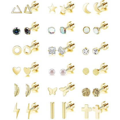 18 Pairs Stainless Steel Stud Earrings Set for Women Men Star Moon flower Heart Leaf Opal 20G Cartilage Earrings Hypoallergenic Flatback Earrings Piercing Jewelry