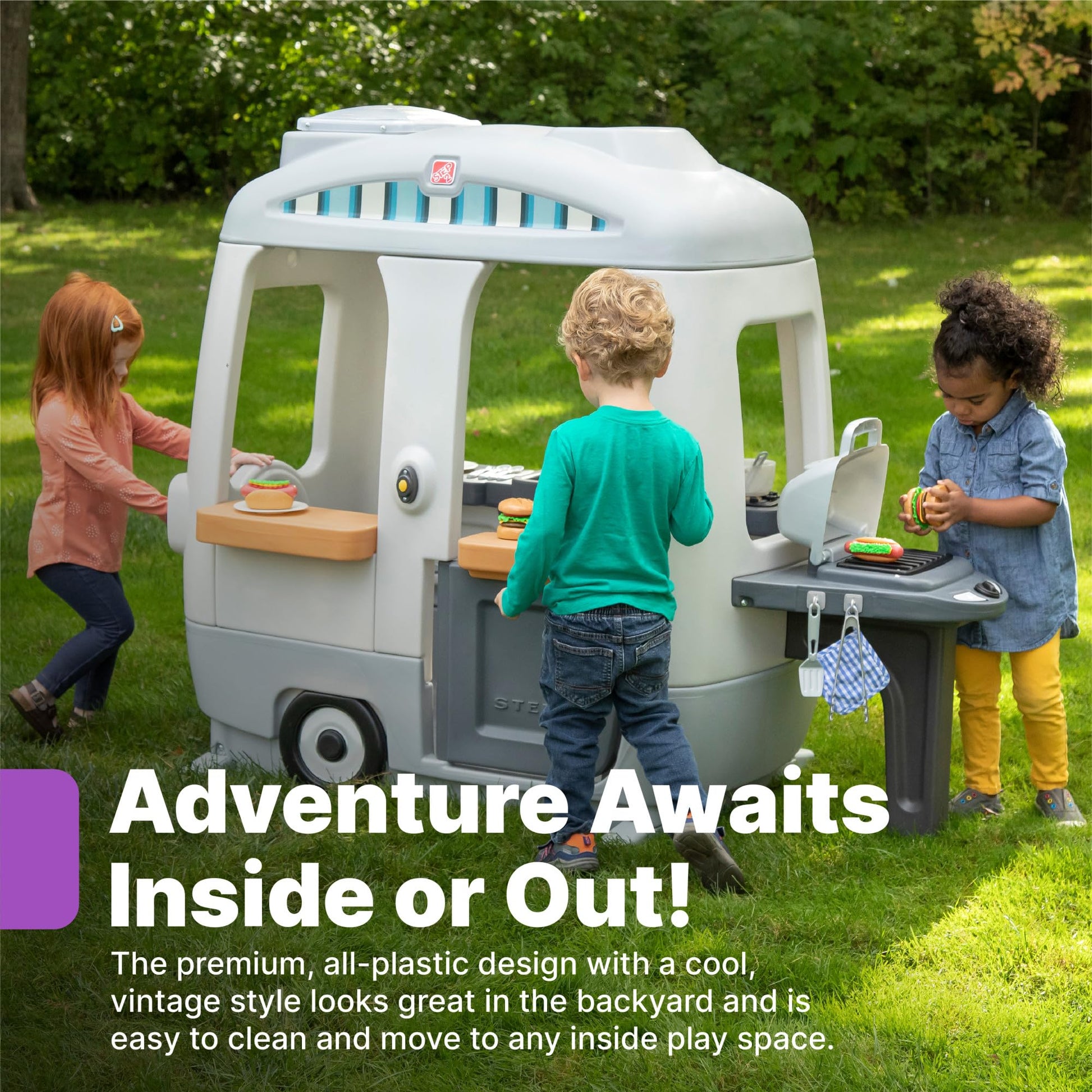 Buy now Step2 Adventure Camper Kids Playhouse, Indoor/Outdoor Playset with Kitchenette, Interactive Doorbell Sounds, 52-Piece Toy Accessories, Durable Plastic, For Toddlers 2+ Years at indiglob india