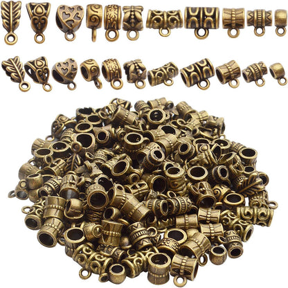 BronaGrand 100g (About 120-170pcs) Mixed Antique Copper Bail Beads,Spacer Bead,Bail Tube Beads,Bracelet Charms,Necklace Pendants for Jewelry and Craft Making