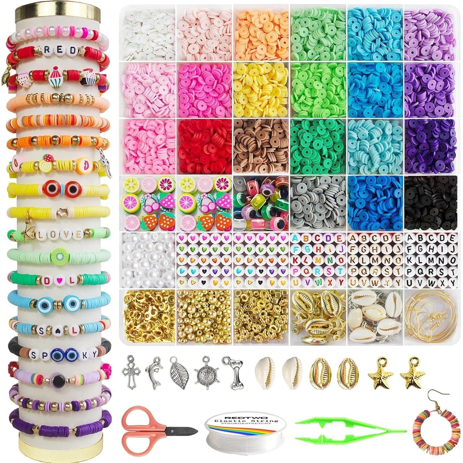 Buy now Redtwo 6200 Pcs Clay Beads Bracelet Making Kit, Flat Round Polymer Heishi Friendship Bracelet Jewelry Kit with Charms and Elastic Strings for Girls 8-12 Gifts for Kids Default at indiglob india