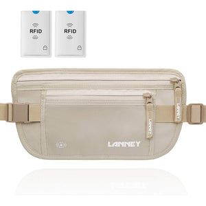 Travel Money Belt Hidden Waist Stash Wallet RFID Blocking Anti-Theft Passport Holder for Men Women, Cream