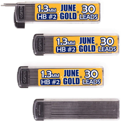June Gold 120 Pieces, 1.3 mm 2B Lead Refills, 30 Pieces Per Dispenser, Medium Bold Thickness, Break Resistant Lead/Graphite (Pack of 4 Dispensers)