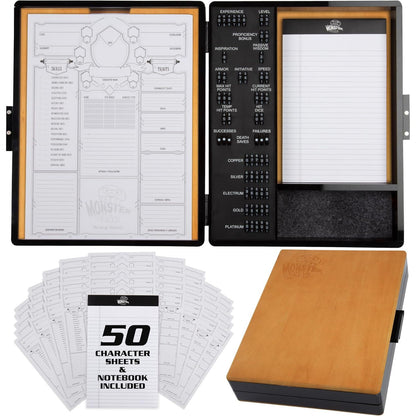 Buy now Monster Wooden Deluxe DND Stat Tracker Case- Compatible with Dungeons and Dragons- Record RPG Character Notes, Attacks, Abilities- Felt Dice Rolling Tray, Notebook, 50 Character Sheets for Gameplay Light Stain at indiglob india