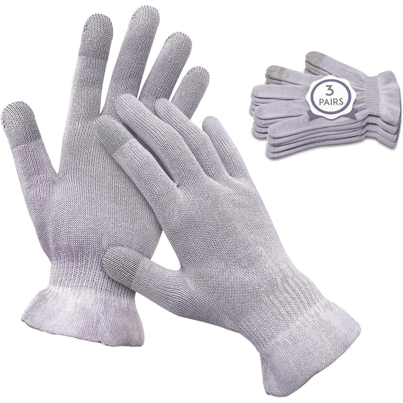 MIG4U Moisturizing Beauty Gloves Touchscreen Overnight Sleeping Glove for Women Dry Hands, Nighttime Lotion, Eczema, SPA, Cosmetic Treatment, Grey Purple 3 Pairs Size S/M