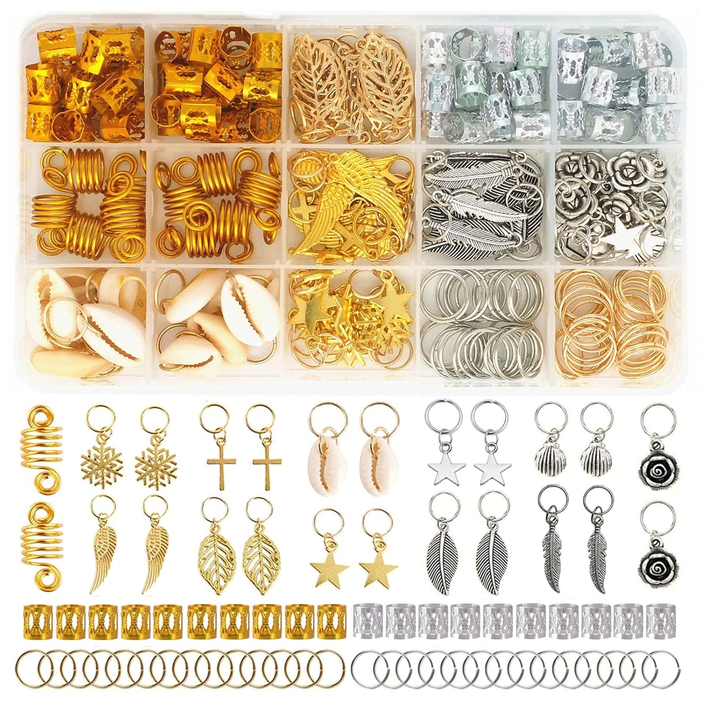 220-Piece Braiding Hair Rings - 15 Styles, Jewelry for Braids, Clips, Pendants, Headbands & Accessories