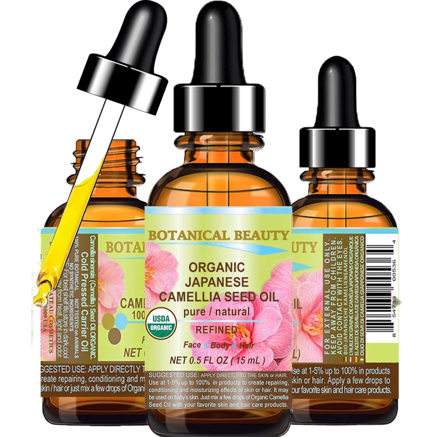Botanical Beauty Japanese ORGANIC CAMELLIA Seed Oil. 100% Pure Natural Undiluted Refined Cold Pressed Carrier Oil to revitalize and rejuvenate the hair, skin and nails. 0.5 Fl. oz 15 ml