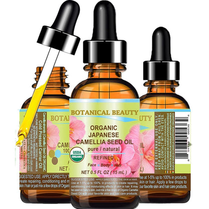 Botanical Beauty Japanese ORGANIC CAMELLIA Seed Oil. 100% Pure Natural Undiluted Refined Cold Pressed Carrier Oil to revitalize and rejuvenate the hair, skin and nails. 0.5 Fl. oz 15 ml