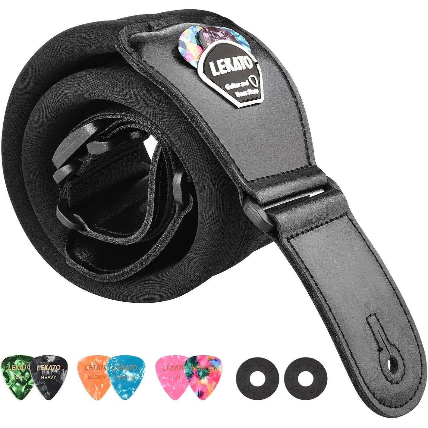 LEKATO Bass Guitar Straps for Electric Guitar & Bass 3" Wide Padded Straps Adjustable Length from 45" to 55" Bass Guitar Strap with Pick Holder 2 Safety Strap Locks & 6 Picks