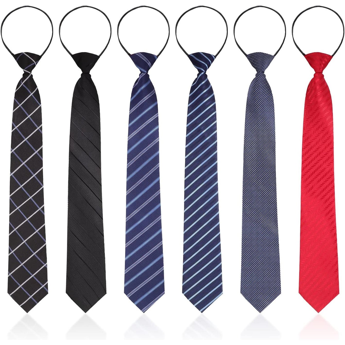 Geyoga 6 Pcs Zipper Ties for Boys Pre Tied Necktie Silky Skinny Ties for Men Long Striped Plaid Tie Novelty Neckties for Business Wedding (Classic Color)