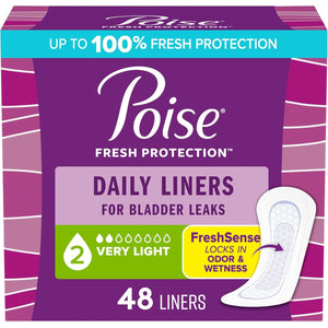 Poise Daily Liners, Incontinence Panty Liners for Bladder Leaks, 2 Drop Very Light Absorbency, Regular Length, 48 Count of Pantiliners, Packaging May Vary