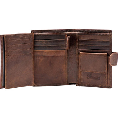 POKOFO Large RFID Genuine Leather Card Holder Trifold Wallet Snap Closure 3 ID Windows for men