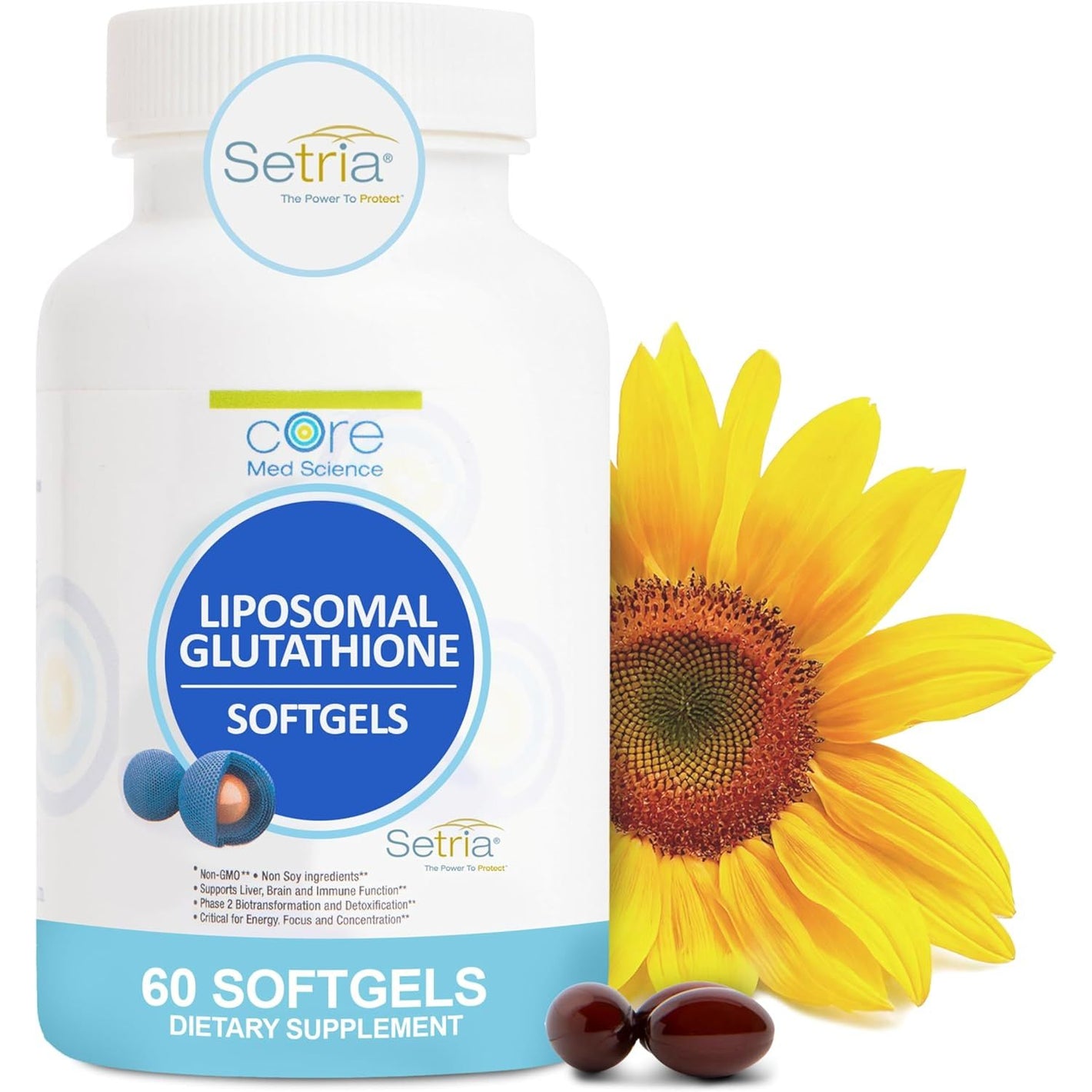 Core Med Science Liposomal Glutathione Supplement (500mg, 60 Softgels) - Pure Reduced Setria with Phospholipid Complex - Antioxidant Supplement for Energy, and Skin