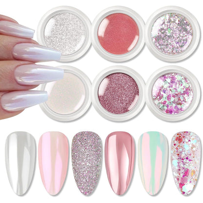 BORN PRETTY Chrome Nail Powder,White Pearl Metallic Mirror Holographic Chrome Powder for Nails,Pearl Glitter Pigment Dust Kit Nail Art Decoration Sets