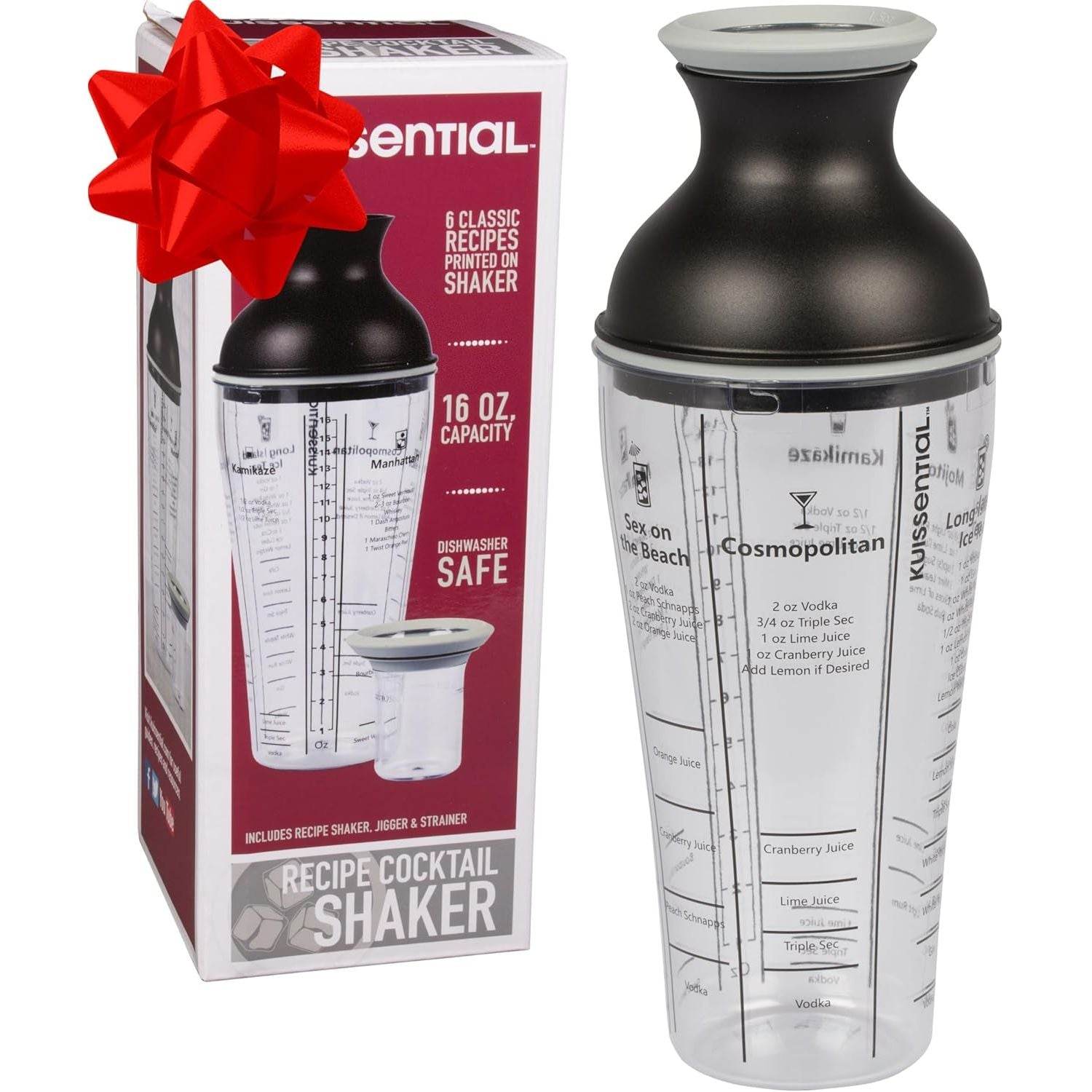 16oz Large Cocktail Shaker Bar Set- Includes Measuring Jigger, Strainer, 6 Printed Mixed Drink Recipe Measurements on Bottle- Fun Bartender Kit for Mojitos, Martinis & More- Great for Summer Parties - My Store
