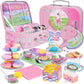 Tea Party Set for Little Girls,PRE-WORLD Princess Tea Time Toy Including Dessert,Cookies,Doughnut,Teapot Tray Cake, Tablecloth & Carrying Case,Kids Kitchen Pretend Play for Girls Boys Age 3-6