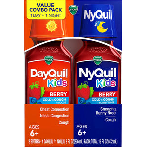 Buy now VICKS Kids DayQuil & NyQuil Berry Cold & Cough Medicine Co-Pack, Daytime & Nighttime Relief of Multiple Symptoms, Great-Tasting Berry Flavor, Free of Alcohol & Acetaminophen, for Ages 6+, 2x8oz at indiglob india