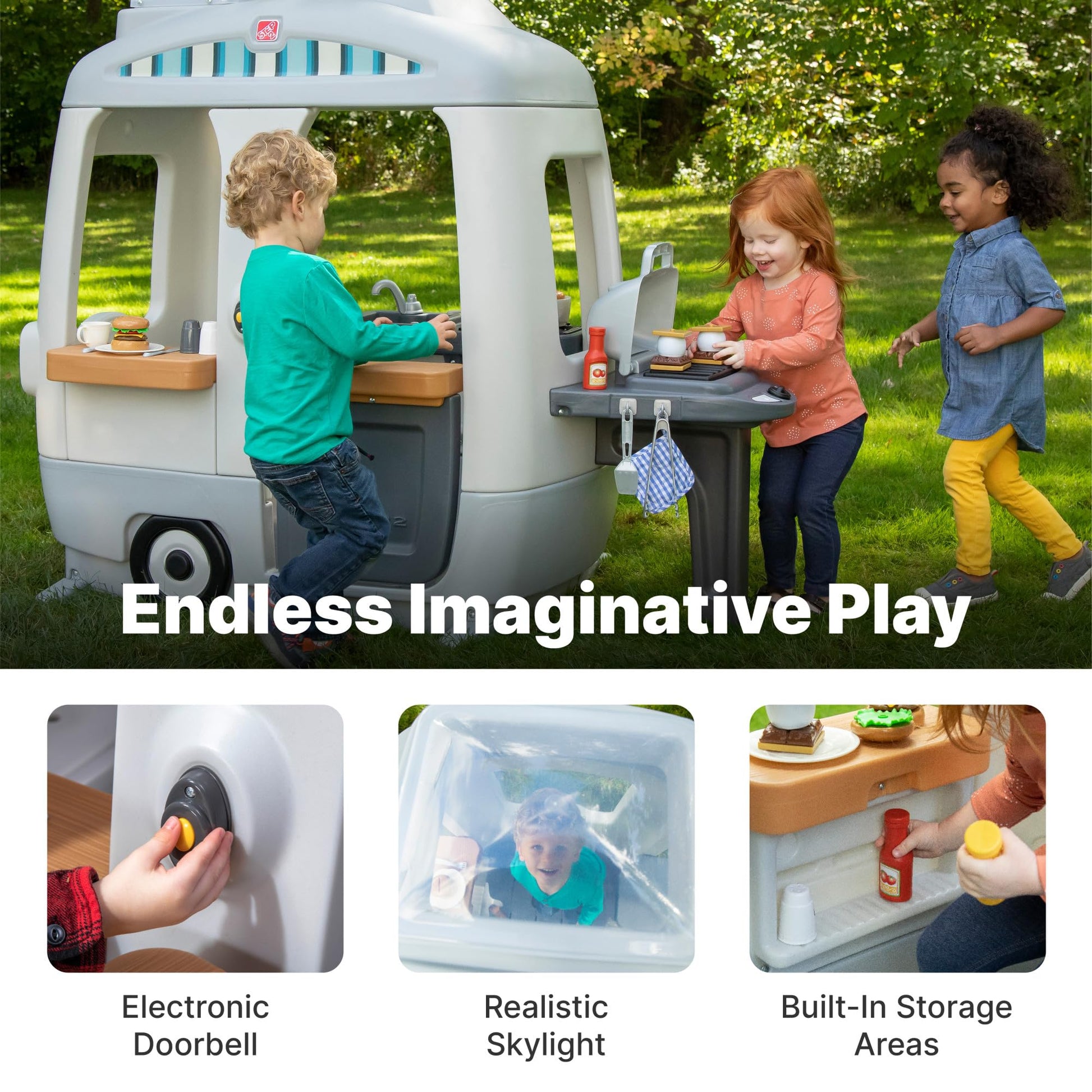 Buy now Step2 Adventure Camper Kids Playhouse, Indoor/Outdoor Playset with Kitchenette, Interactive Doorbell Sounds, 52-Piece Toy Accessories, Durable Plastic, For Toddlers 2+ Years at indiglob india