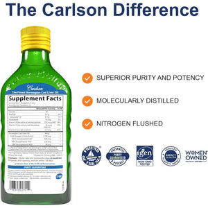 Carlson - Cod Liver Oil, 1100 mg Omega-3s, Liquid Fish Oil Supplement, Wild-Caught Norwegian Arctic, Sustainably Sourced Nordic Liquid, Lemon, 250 ml