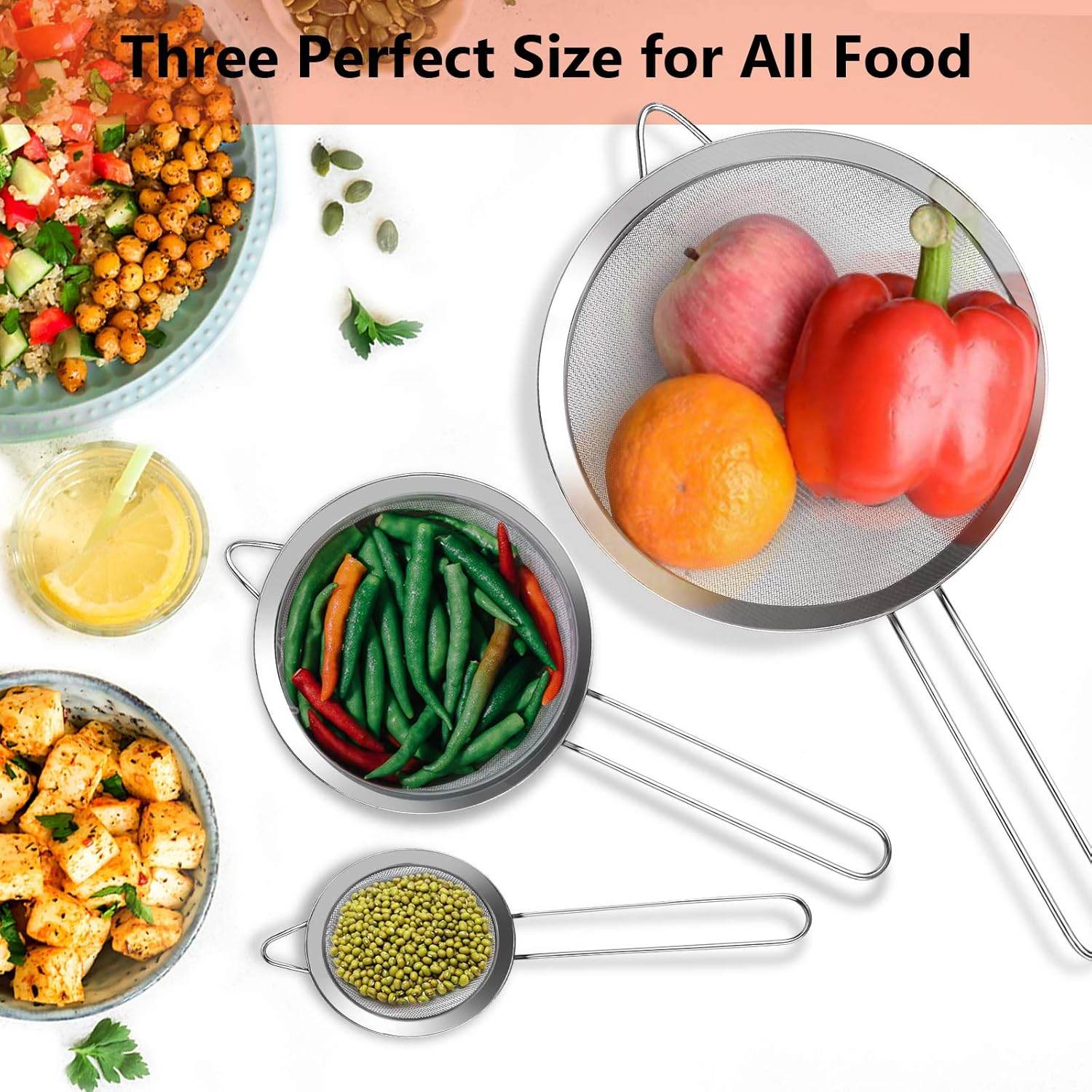 3Pcs Super Wire Extra Fine Mesh Strainer with Handle, Small Medium Large Size Sifter Metal Strainer Set, Stainless Steel Sieve Fine Mesh Strainers for Kitchen Rice Juice Quinoa Food Flour Baking YLYL - My Store