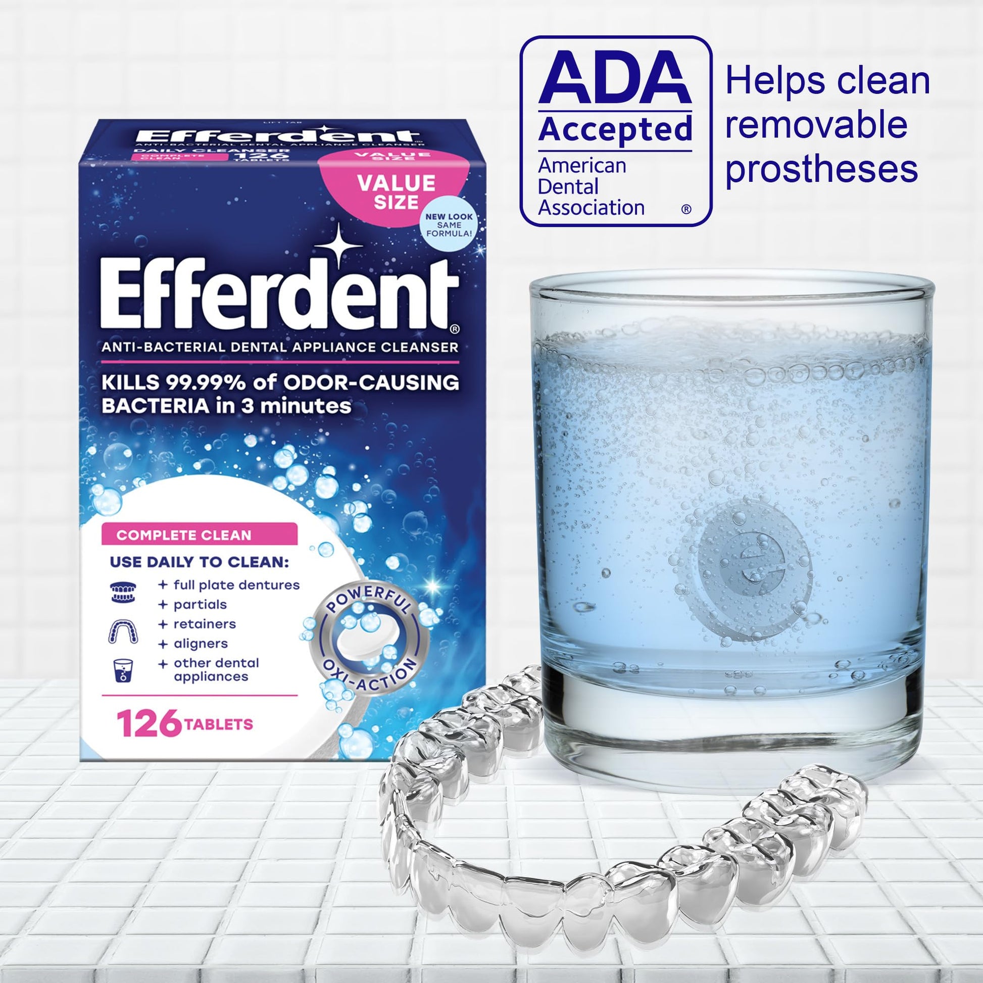 Buy now Efferdent Denture Cleaner Tablets – Dental Appliances, Aligners, Mouth Guard, and Retainer Cleaner Tablets, Complete Clean, 126 Count at indiglob india