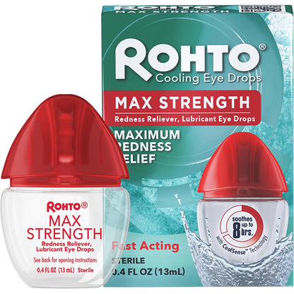 Rohto Max Strength Redness Reliever, Lubricant Eye Drops, Fast, Cooling Relief for Red, Dry, Itchy Eyes, Redness and Dryness Symptom Relief, Soothing Eye Drops, 0.4 fl oz Bottle