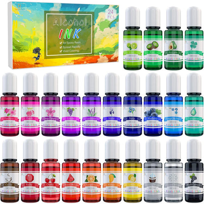 Alcohol Ink Set - 24 Vibrant Colors for Resin Art, Petri Dish Making, Epoxy Painting - Concentrated Alcohol-Based Paint Color Dye for Tumbler Making - 24 x 10ml/.35oz