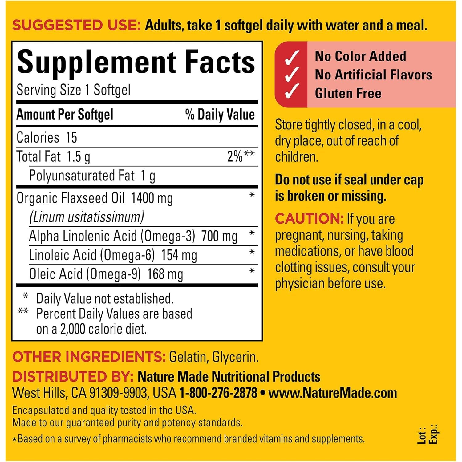 Buy now Nature Made Extra Strength Flaxseed Oil 1400 mg, Fish Free Omega 3 Supplement, Dietary Supplement for Heart Health Support, 100 Softgels, 100 Day Supply at indiglob india