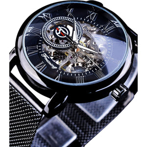 FORSINING Men's Skeleton Watch Steampunk Watch Black Mechanical Watch for Men Minimalist Retro Design Mechanical Skeleton Wrist Watch Transparent