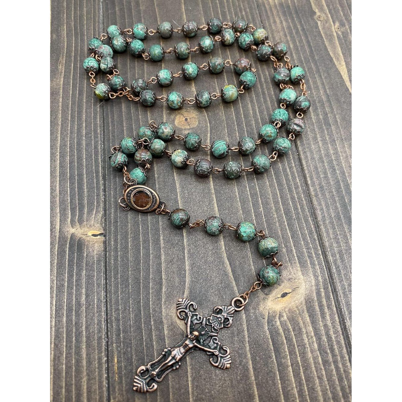 Buy now Nazareth Store Vintage Design Rosary Natural Jasper Stone Beads Necklace Holy Soil Medal & Cross Crucifix Religious Rosaries Terra Santa Jerusalem Collection at indiglob india