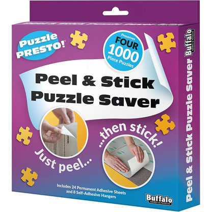 Puzzle Presto Peel & Stick Saver: The Original and Still the Best Way to Preserve Your Finished Puzzle! - 6 Adhesive Sheets and 2 Adhesive Hangers