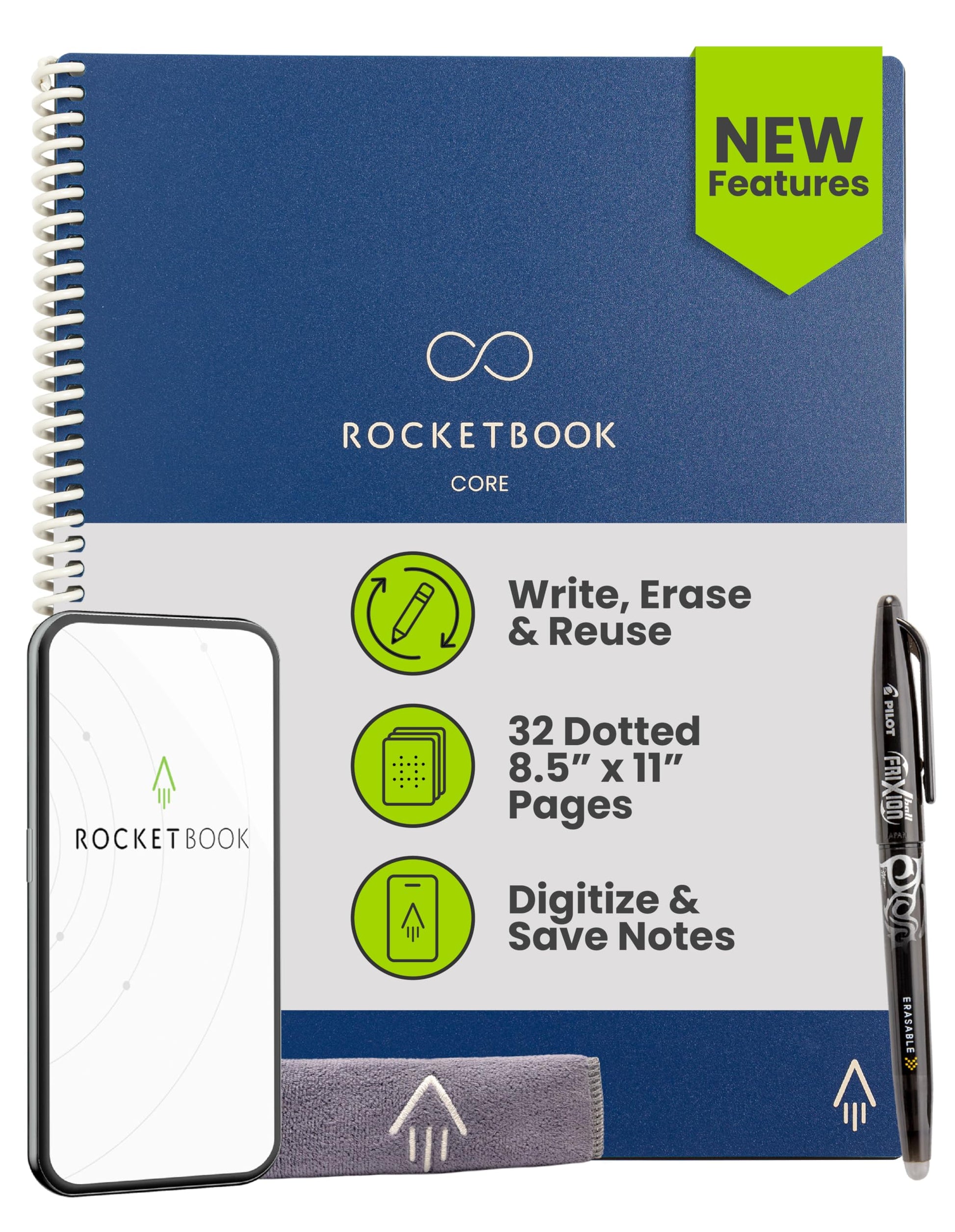 Buy now Rocketbook Core Reusable Spiral Notebook, Letter Size 8.5x11, Black - Dotted Pages, App-Connected, Erasable, Durable Cover, Ideal for School, Work, and Creative Projects at indiglob india