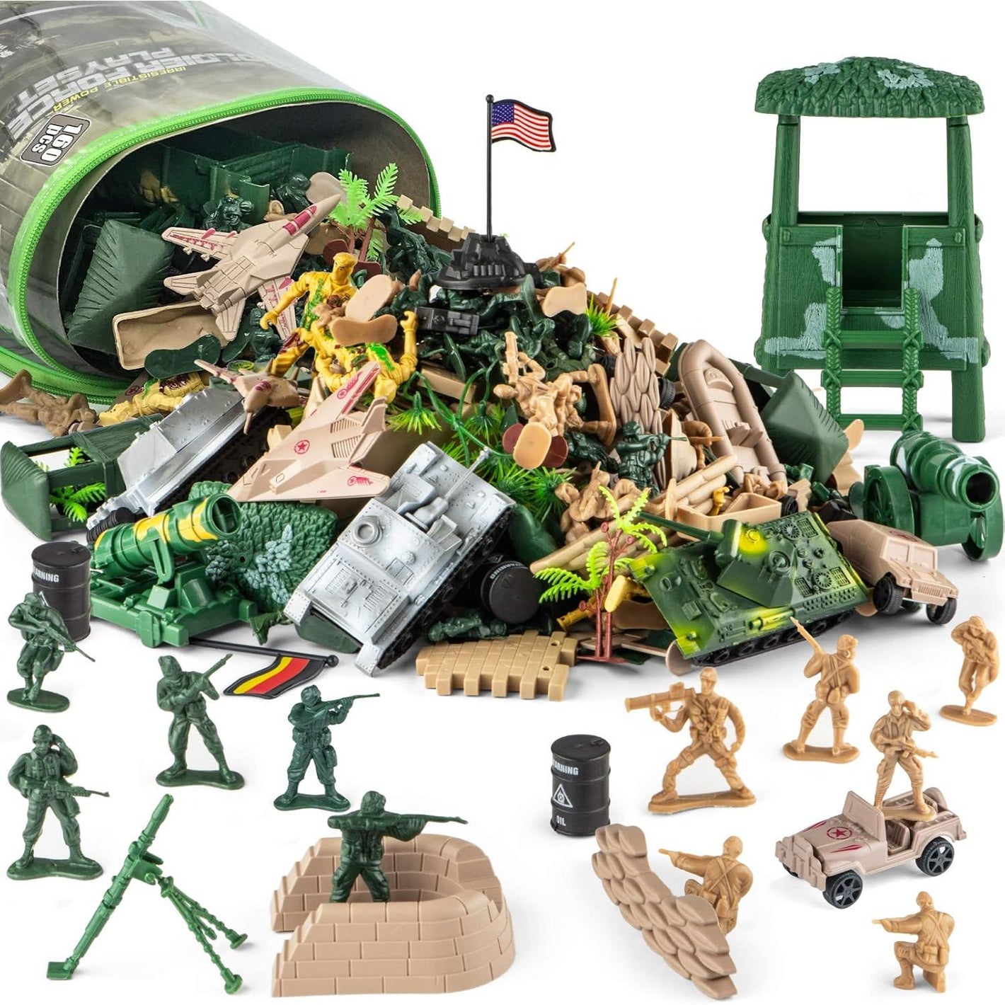 Army Men Toys for Boys 8-12, Military Soldier Army Base 160 Pcs Set Including WW2 Khaki Green Plastic and Accessories with Handbag for Kid