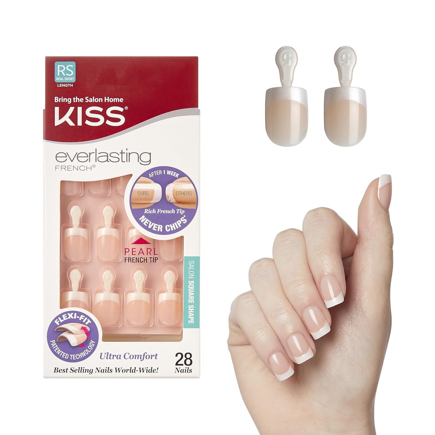 Kiss Everlasting French Nail Manicure, Chip-Free, Flexi-Fit Technology, Real Short, "String of Pearls", Nail Kit with Pink Nail Glue (Net Wt. 2g / 0.07oz), Mini File, Manicure Stick, and 28 Fake Nails